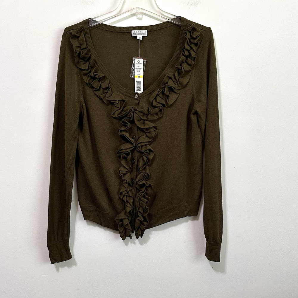Joseph A Olive Green Sweater M Button Frontโ V Neck Long Sleeve Ruffle Front NEW